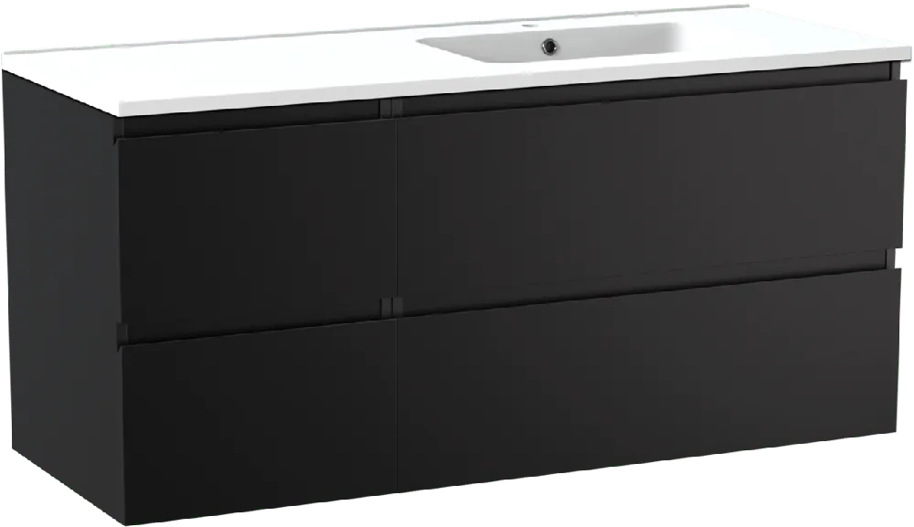 Linie Lado meuble salle de bains suspendu 120 x 46 cm noir mat avec Vano plan vasque asymétrique à droite en marbre composite blanc mat
