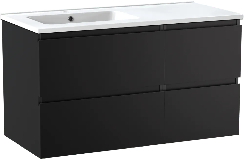 Linie Lado meuble salle de bains suspendu 100 x 46 cm noir mat avec Vano plan vasque asymétrique à gauche en marbre composite blanc brillant