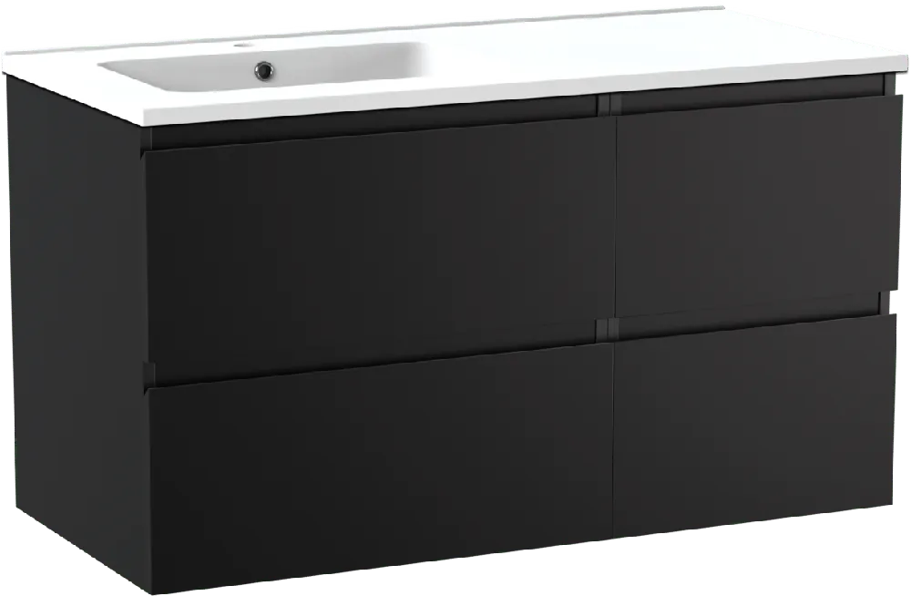 Linie Lado meuble salle de bains suspendu 100 x 46 cm noir mat avec Vano plan vasque asymétrique à gauche en marbre composite blanc mat