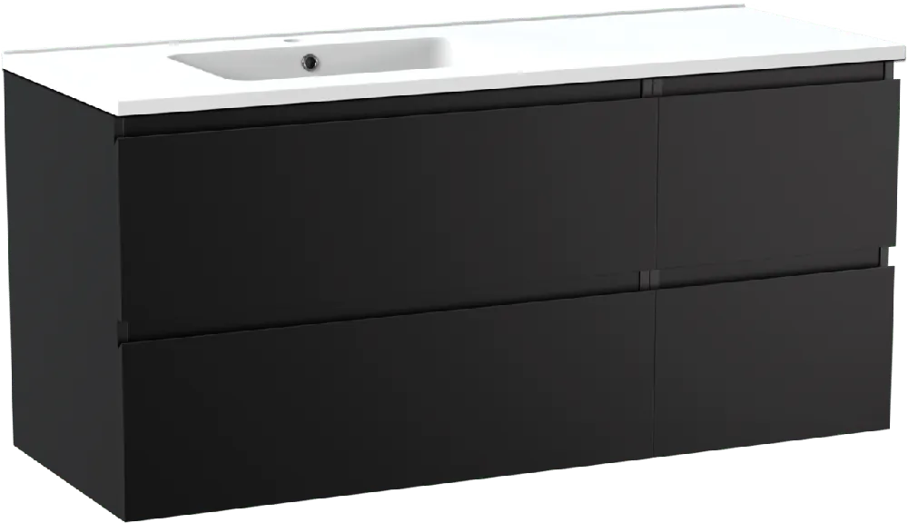 Linie Lado meuble salle de bains suspendu 120 x 46 cm noir mat avec Vano plan vasque asymétrique à gauche en marbre composite blanc mat