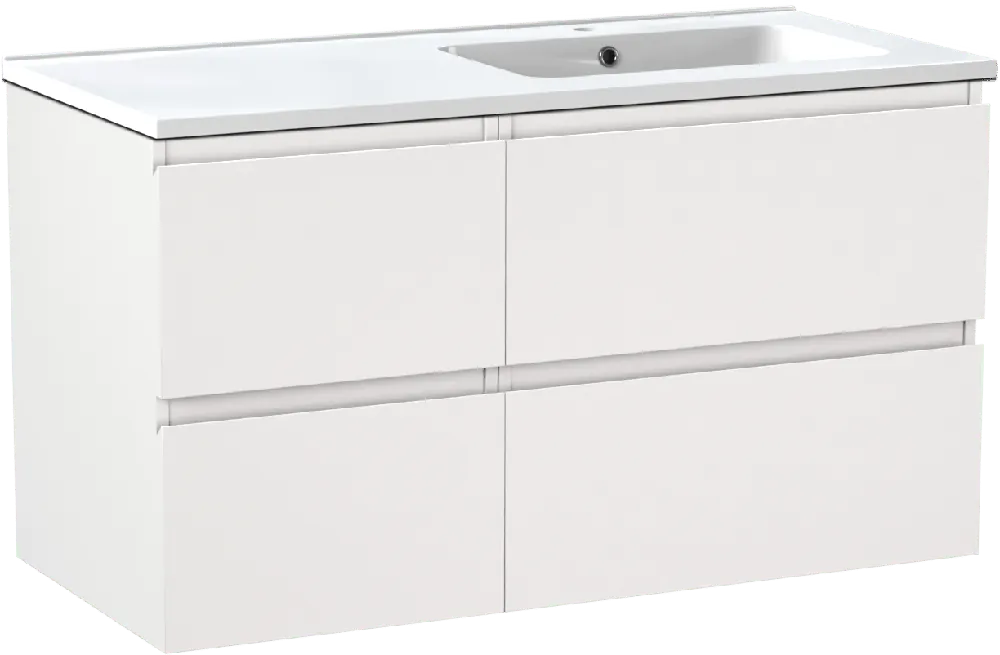 Linie Lado meuble salle de bains suspendu 100 x 46 cm blanc mat avec Vano plan vasque asymétrique à droite en marbre composite blanc brillant