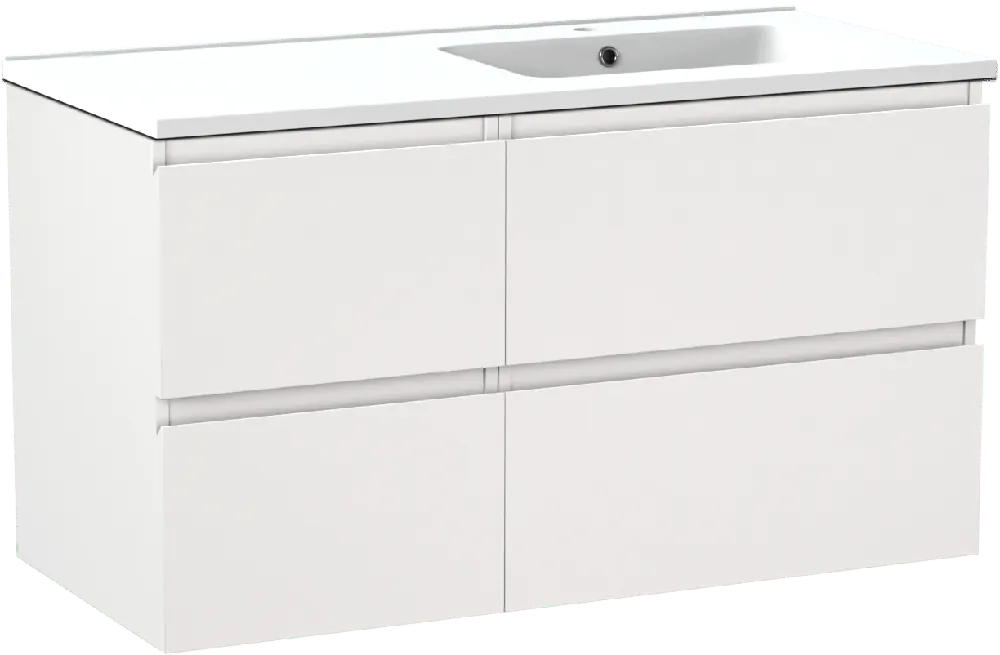 Linie Lado meuble salle de bains suspendu 100 x 46 cm blanc mat avec Vano plan vasque asymétrique à droite en marbre composite blanc mat