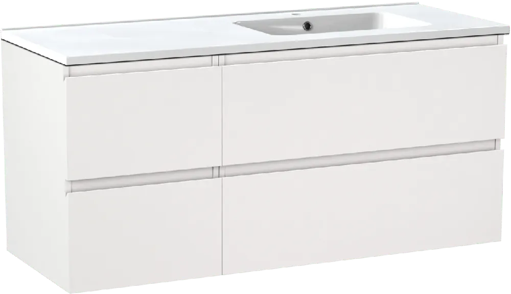 Linie Lado meuble salle de bains suspendu 120 x 46 cm blanc mat avec Vano plan vasque asymétrique à droite en marbre composite blanc brillant