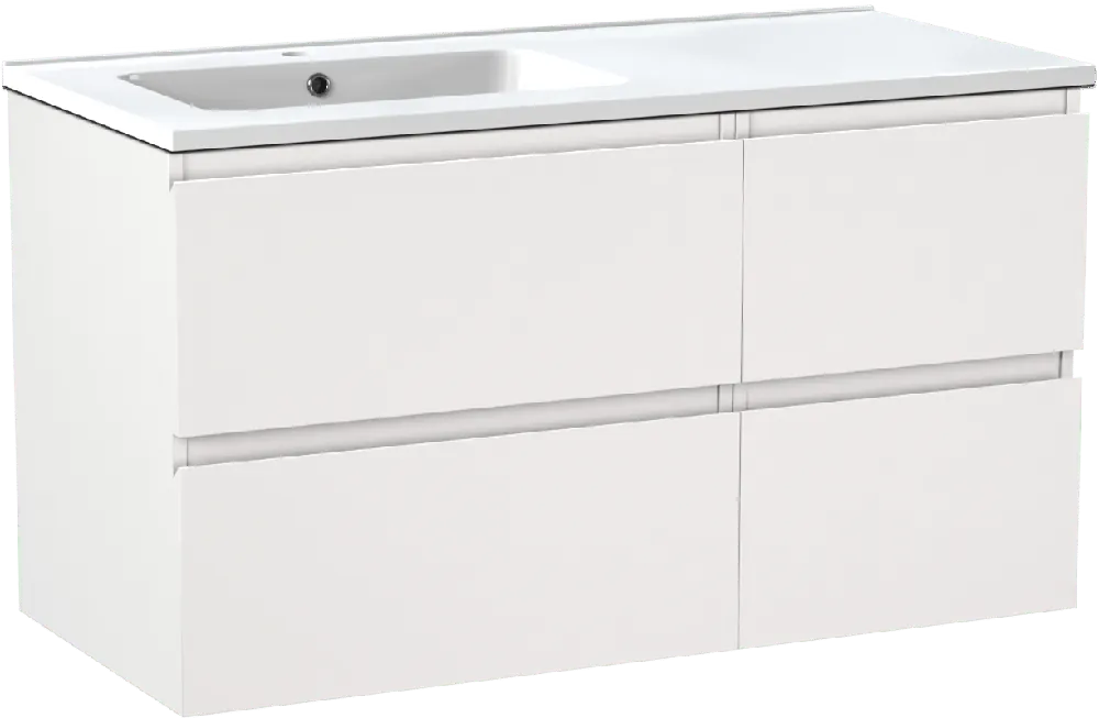 Linie Lado meuble salle de bains suspendu 100 x 46 cm blanc mat avec Vano plan vasque asymétrique à gauche en marbre composite blanc brillant