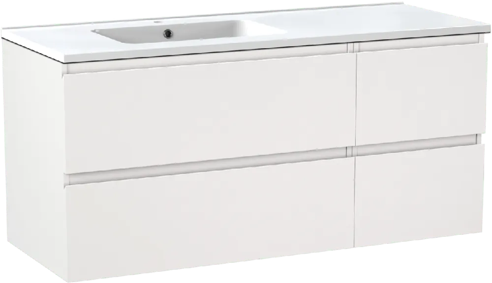 Linie Lado meuble salle de bains suspendu 120 x 46 cm blanc mat avec Vano plan vasque asymétrique à gauche en marbre composite blanc brillant