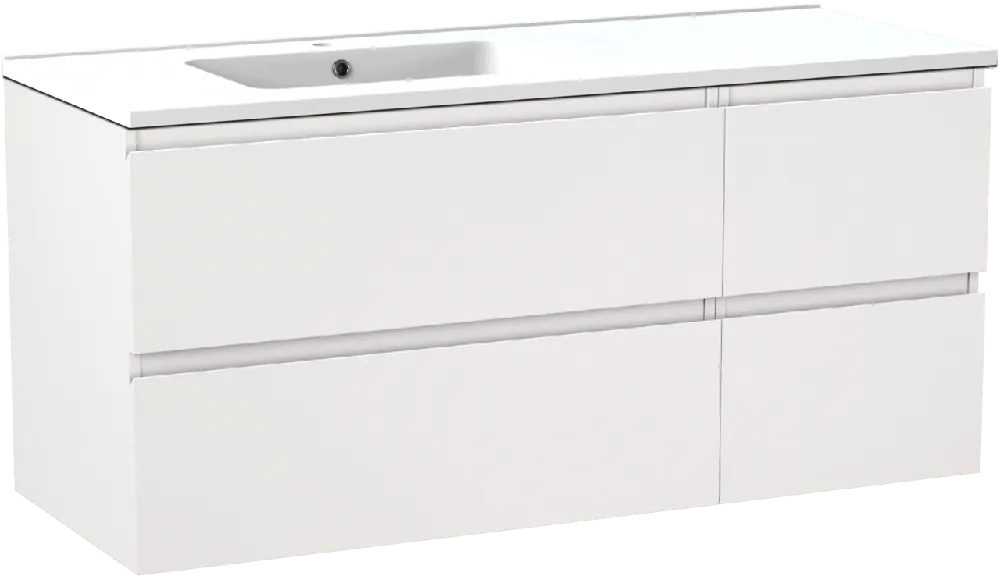 Linie Lado meuble salle de bains suspendu 120 x 46 cm blanc mat avec Vano plan vasque asymétrique à gauche en marbre composite blanc mat