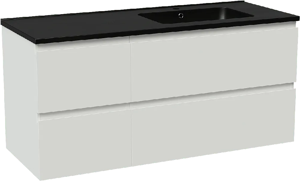 Linie Lado meuble salle de bains suspendu 120 x 46 cm blanc brillant avec Vano plan vasque asymétrique à droite en marbre composite noir mat