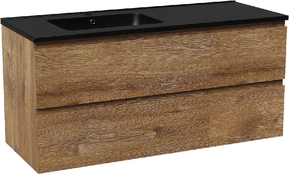 Linie Lado meuble salle de bains suspendu 120 x 46 cm chêne brun avec Vano plan vasque asymétrique à gauche en marbre composite noir mat