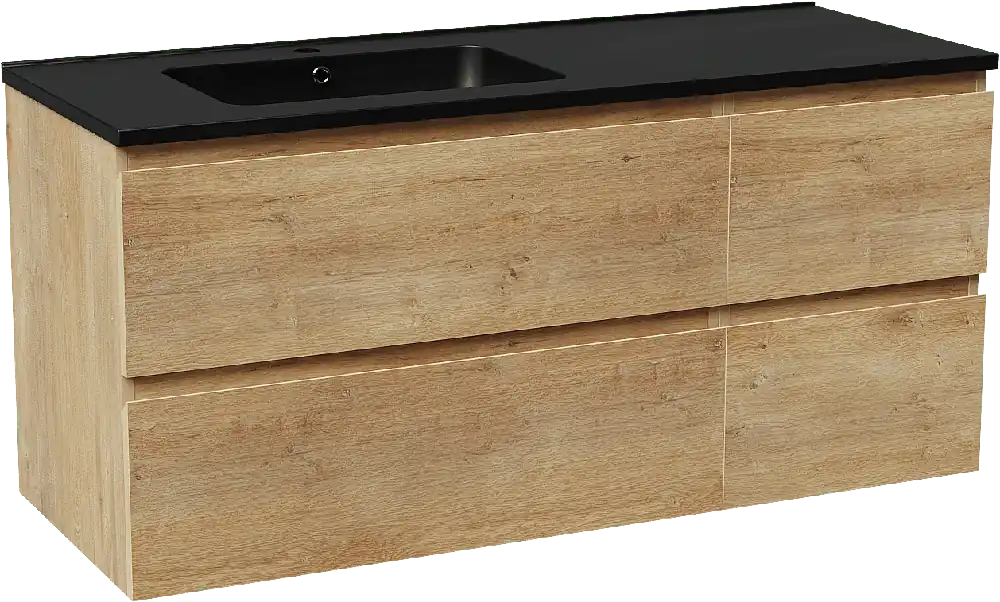 Linie Lado meuble salle de bains suspendu 120 x 46 cm chêne naturel avec Vano plan vasque asymétrique à gauche en marbre composite noir mat