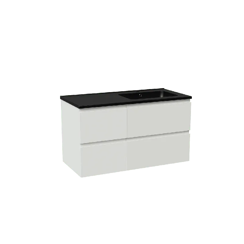Linie Lado meuble salle de bains suspendu 100 x 46 cm blanc mat avec Vano plan vasque asymétrique à droite en marbre composite noir mat