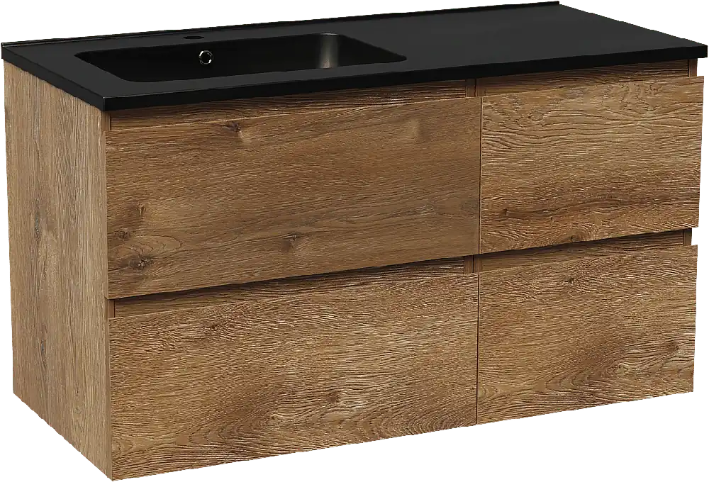 Linie Lado meuble salle de bains suspendu 100 x 46 cm chêne brun avec Vano plan vasque asymétrique à gauche en marbre composite noir mat