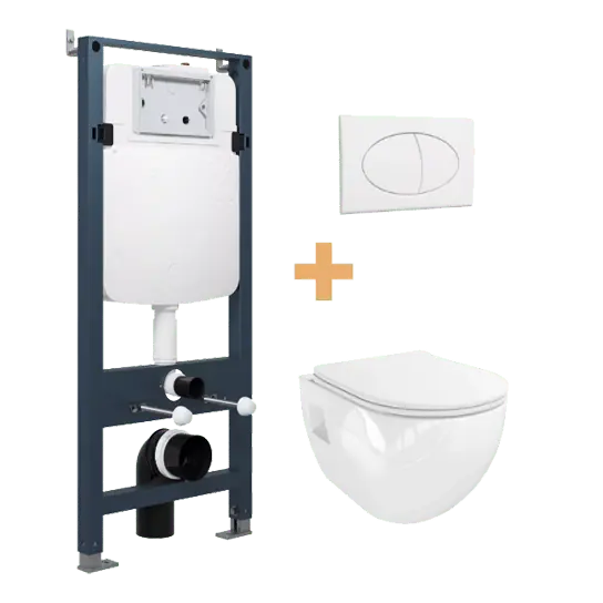 Linie Waldo wc suspendu blanc brillant sans rebord avec Linie Ilana bâti-support et plaque de commande