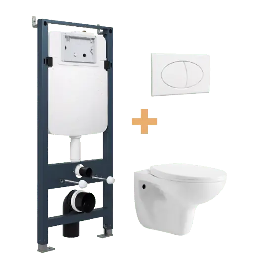 Linie Lina wc suspendu blanc brillant sans rebord de chasse avec Linie Ilana bâti-support et plaque de commande