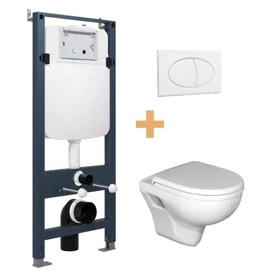 Linie Enzo wc suspendu blanc brillant rebord de chasse ouvert avec abattant de luxe et Linie Ilana bâti-support avec plaque de commande