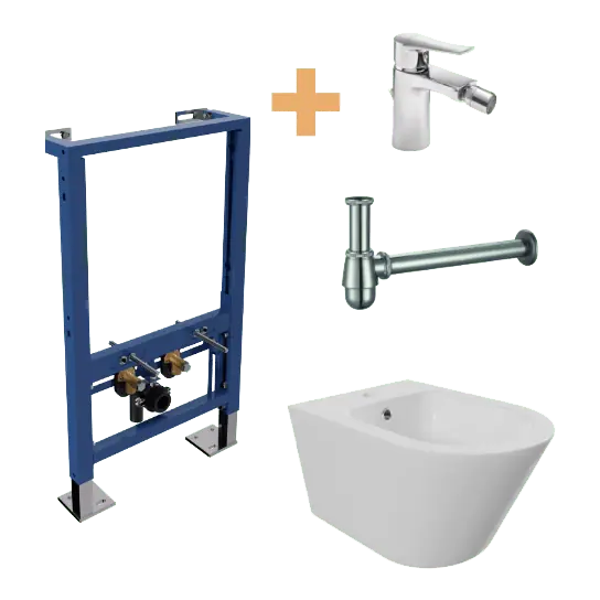 Luca Varess Calibro bidet suspendu et Verna élément d‘encastrement pour bidet à poser avec Blaufoss Lima robinet chrome brillant et siphon