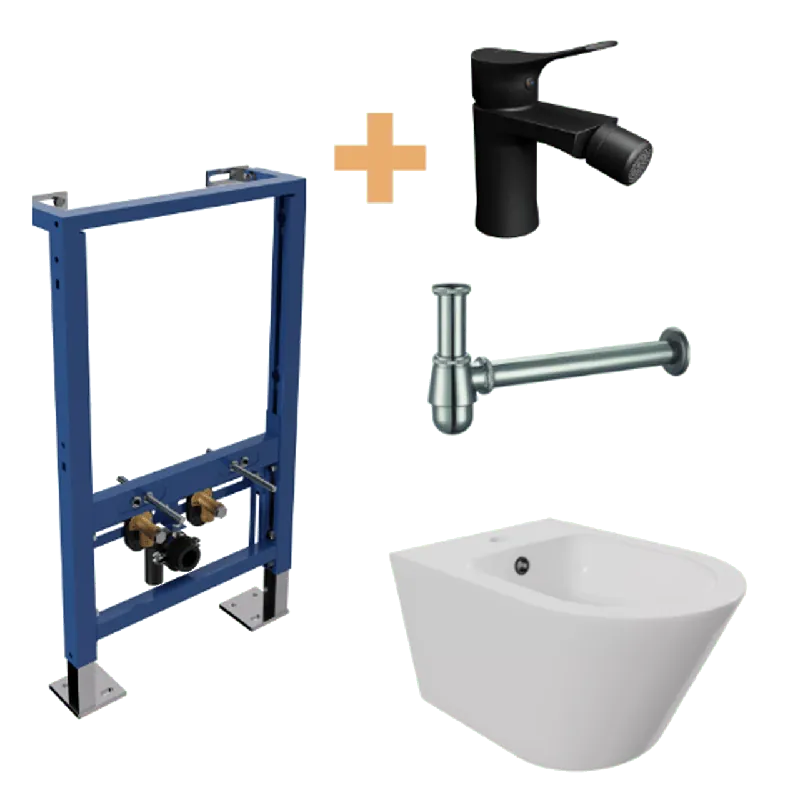 Luca Varess Calibro bidet suspendu et Verna élément d‘encastrement pour bidet à poser avec Blaufoss Lima robinet noir mat et siphon