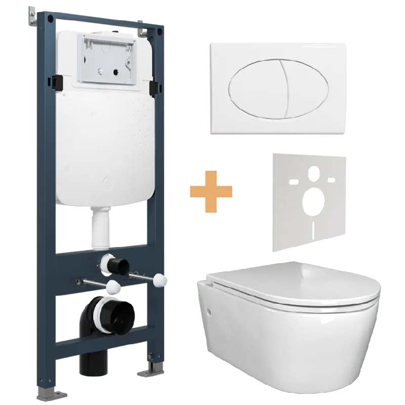 Luca Varess Zeno wc suspendu blanc brillant sans rebord de chasse avec Linie Ilana bâti-support et plaque de commande