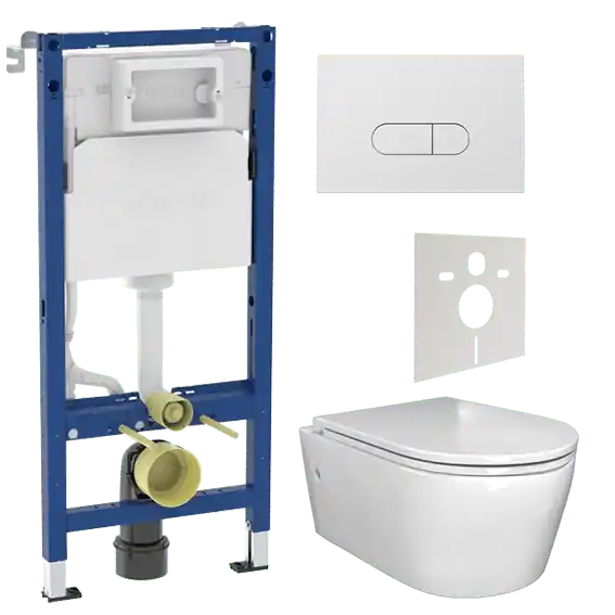 Luca Varess Zeno wc suspendu blanc brillant sans rebord avec Geberit Duofix UP100 Delta bâti-support et plaque de commande