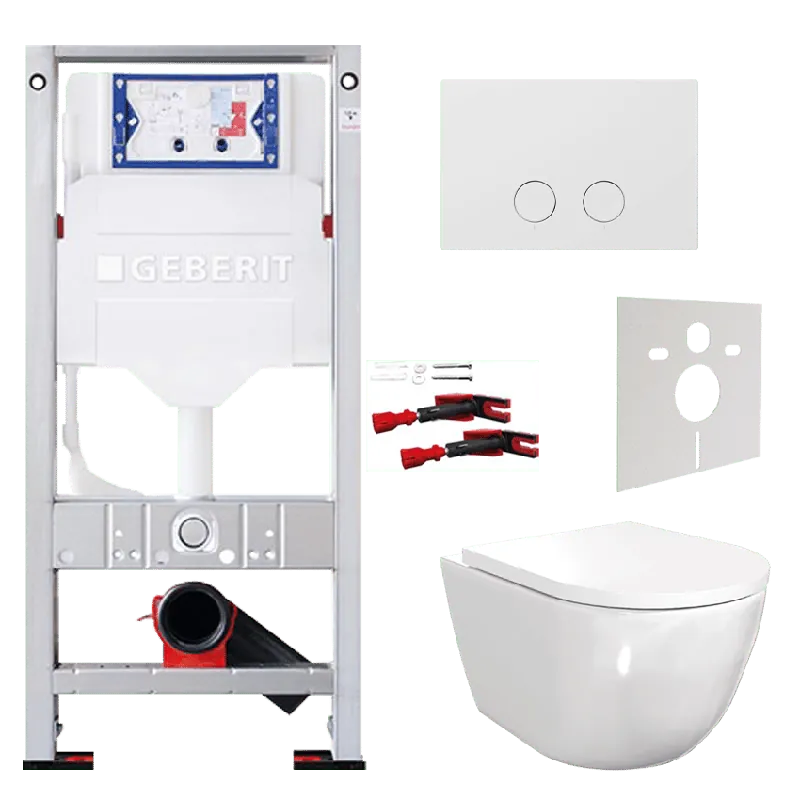 Luca Varess Moreno wc suspendu blanc brillant sans rebord avec Geberit Sigma réservoir de chasse encastré UP320 avec cadre Burda et plaque de commande