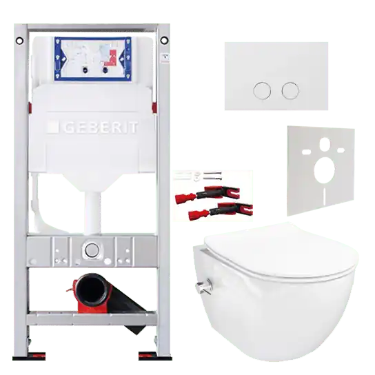 Luca Varess Moreno bidet blanc brillant sans rebord avec Geberit Sigma réservoir de chasse encastré UP320 avec cadre Burda et plaque de commande