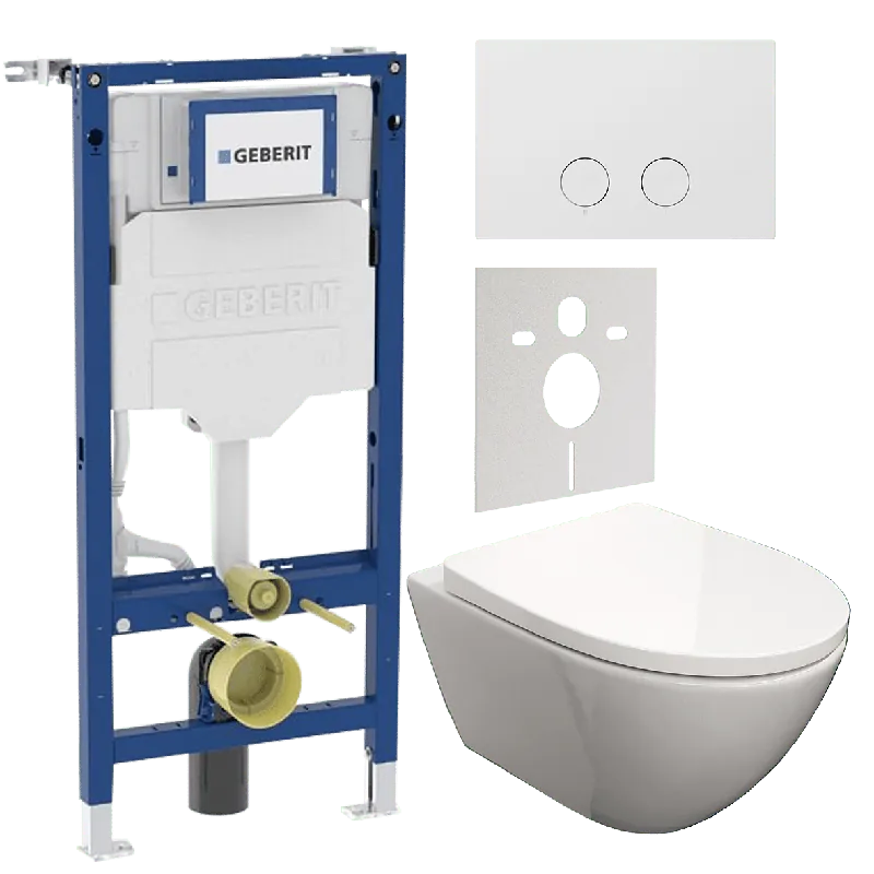Luca Varess Moreno wc suspendu blanc brillant sans rebord avec Geberit UP320 Systemfix bâti-support et plaque de commande