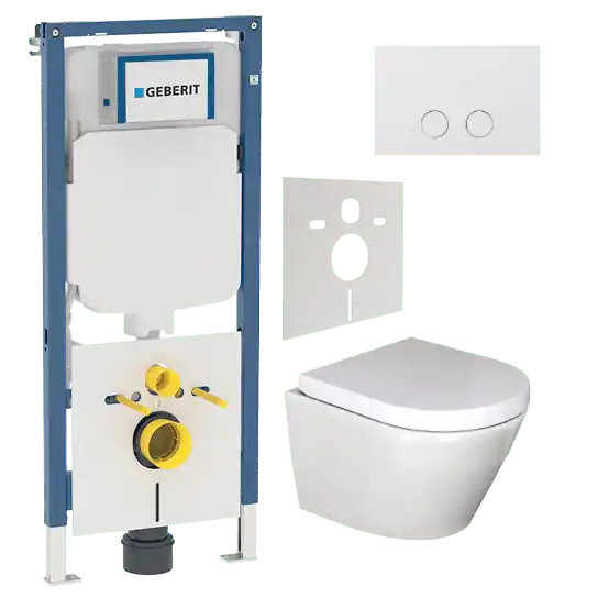 Luca Varess Calibro wc suspendu blanc brillant sans rebord compact avec Geberit Duofix UP720 Sigma bâti-support et plaque de commande