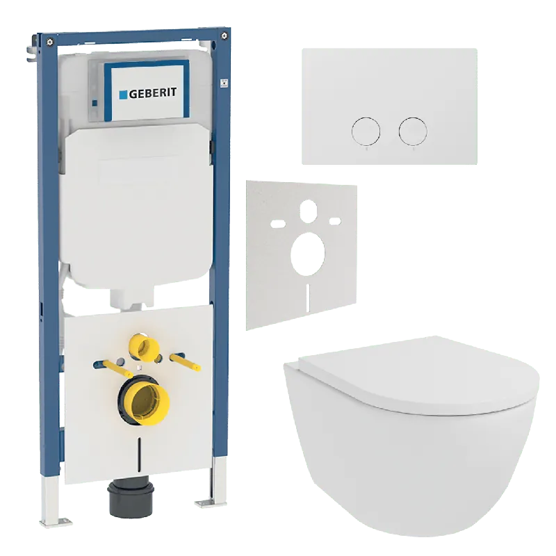 Luca Varess Moreno wc suspendu blanc mat sans rebord SilentFlush avec Geberit Systemfix UP720 bâti-support et plaque de commande