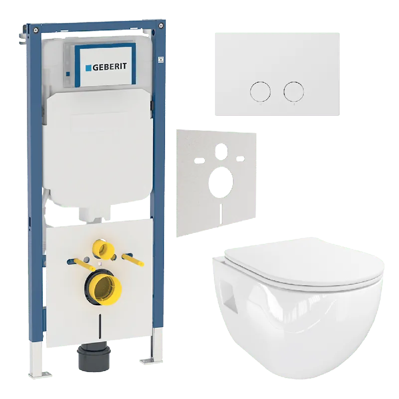 Linie Waldo wc suspendu blanc brillant sans rebord avec Geberit Systemfix UP720 bâti-support et plaque de commande
