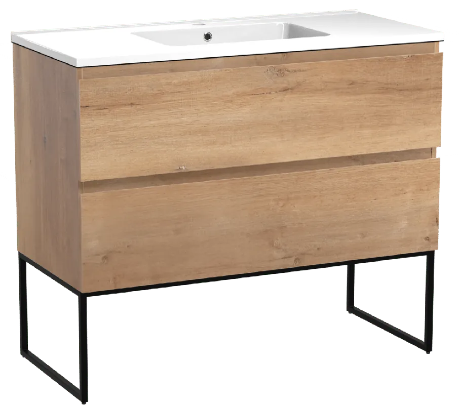 Linie Lado meuble salle de bains suspendu 100 x 46 cm chêne naturel avec Vano plan simple en marbre composite blanc brillant