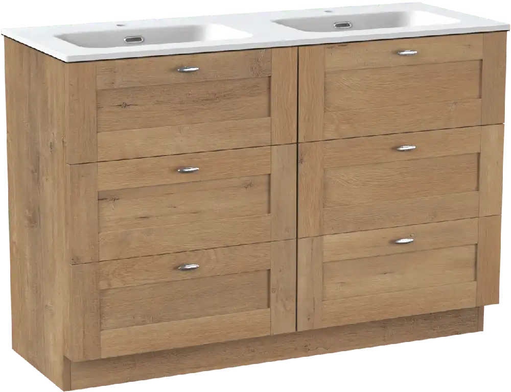 Linie Classo meuble salle de bains à poser 120 x 46 cm chêne naturel avec Baro double vasque en porcelaine blanc mat