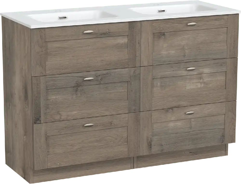 Linie Classo meuble salle de bains à poser 120 x 46 cm chêne gris avec Baro double vasque en porcelaine blanc mat