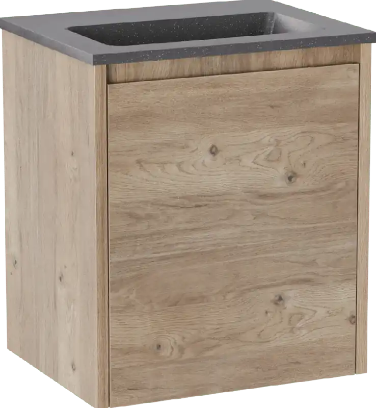 Storke Seda meuble salle de bains suspendu 45 x 35 cm chêne brut avec Scuro plan simple en Quartz noir mat