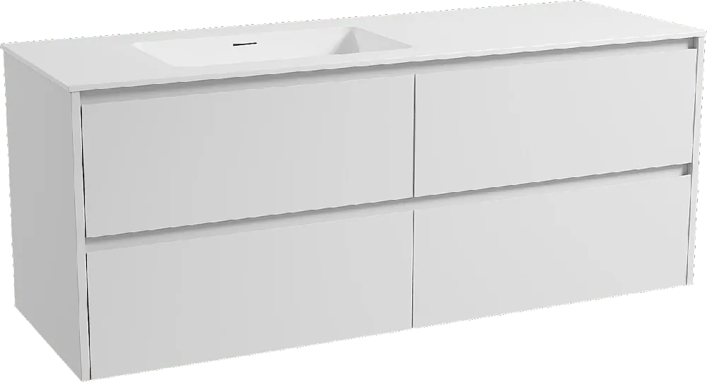Storke Seda meuble salle de bains suspendu 150 x 52 cm blanc mat avec Mata plan vasque asymétrique à gauche en solid surface blanc mat