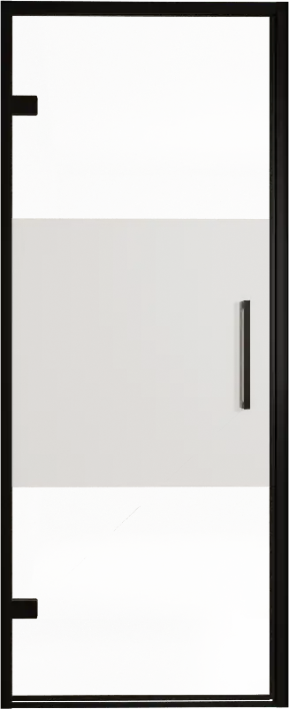 Balmani Senses Design porte pivotante à gauche 90 cm x 210 cm verre transparent avec bande matte, Profil noir, coating inclus