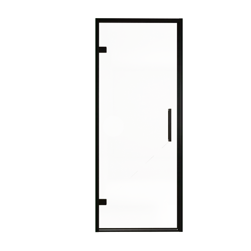 Balmani Senses Design porte pivotante à gauche 90 cm x 210 cm verre transparent, Profil noir, coating inclus