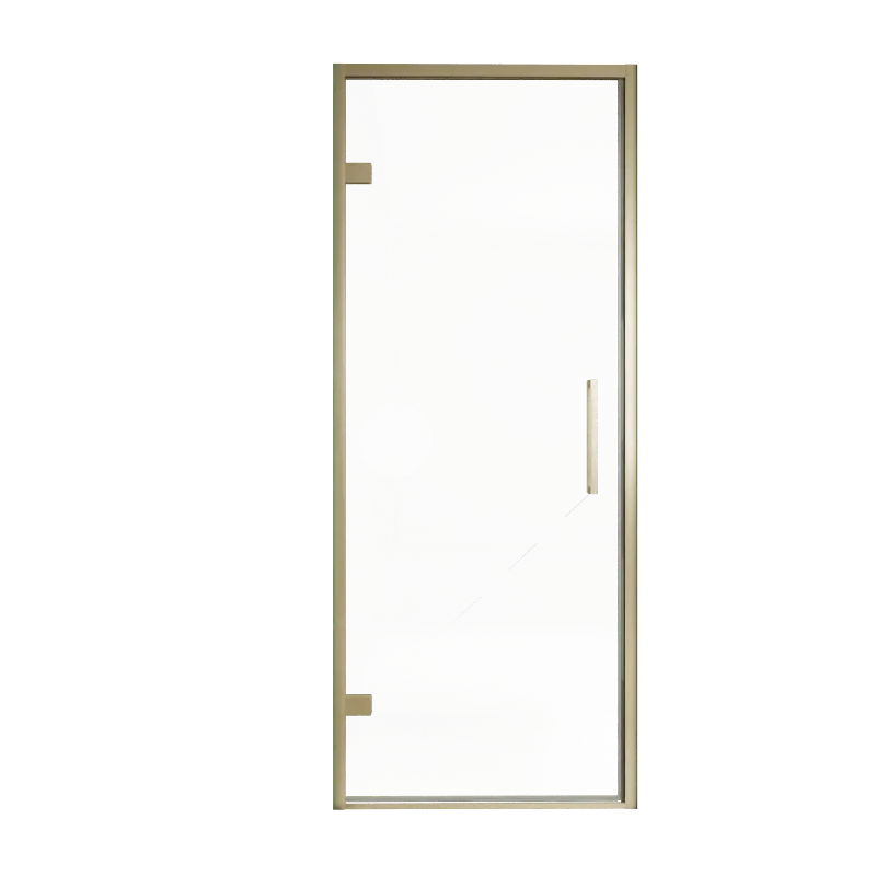 Balmani Senses Design porte pivotante à gauche 90 cm x 210 cm verre transparent, Profil Brushed Champagne Gold, coating inclus