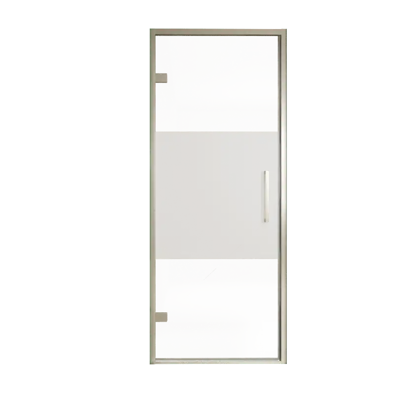 Balmani Senses Design porte pivotante à gauche 90 cm x 210 cm verre transparent avec bande matte, Profil Brushed CoolMetal, coating inclus