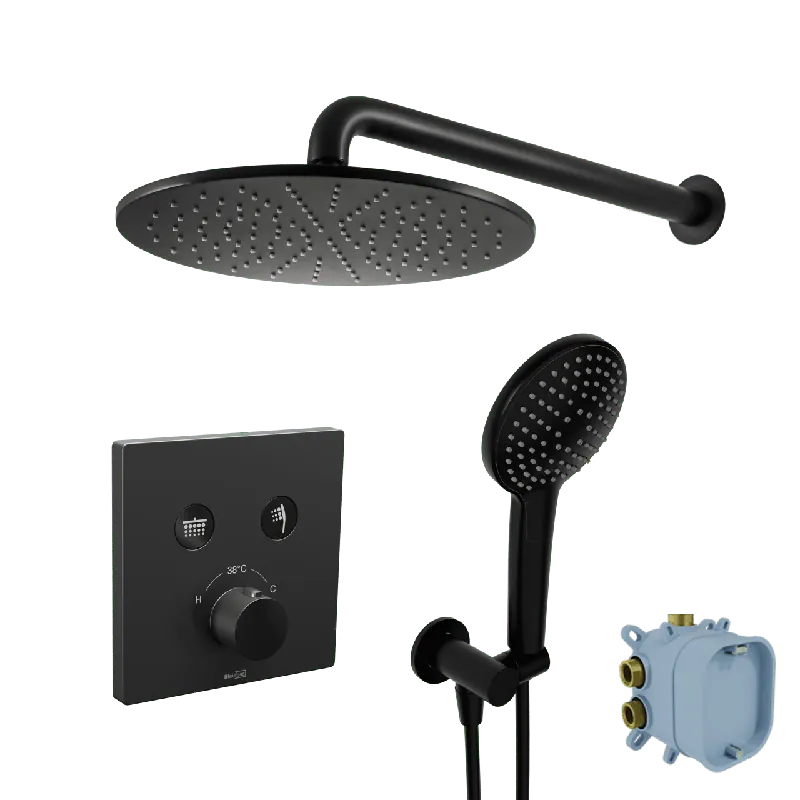 Blaufoss Smartbox Switch-line robinet thermostatique Colonne de douche de pluie encastré avec douche de tête Ø30cm Noir Mat