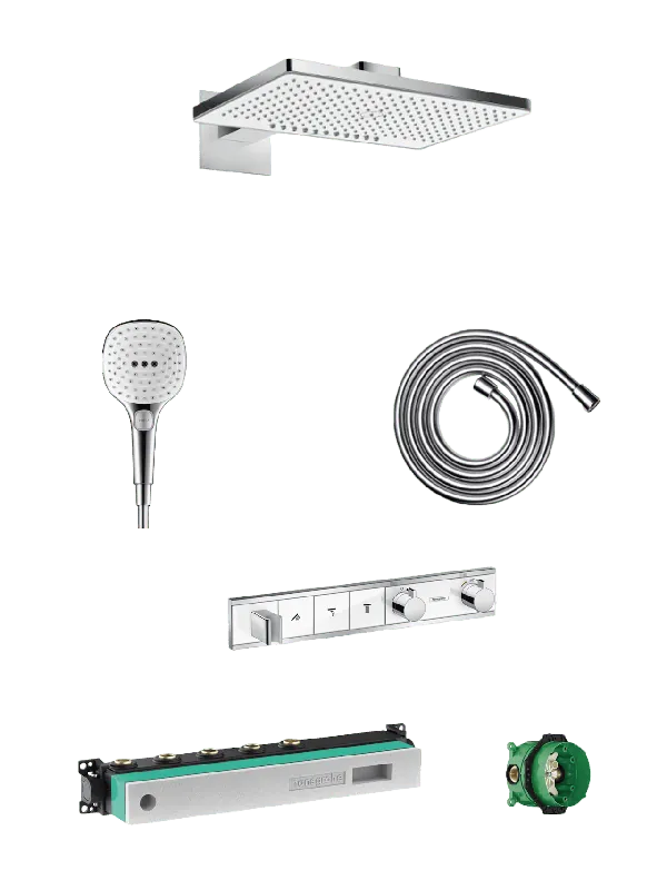 Hansgrohe Rainselect colonne de douche encastrée robinet thermostatique avec douche de tête cascade rectangulaire 46 x 27 cm blanc et chrome brillants