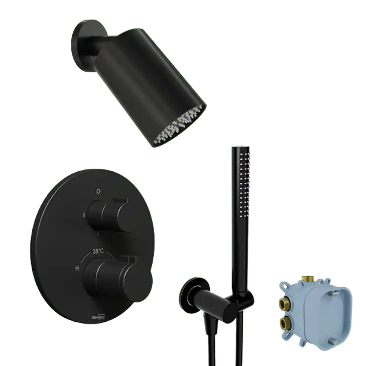 Blaufoss Smartbox Round robinet thermostatique Colonne de douche de pluie encastré avec douche de tête 14 x 9 cm Noir Mat