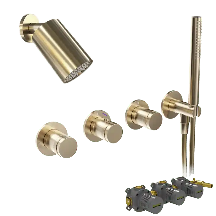 Blaufoss Pavilion robinet thermostatique Colonne de douche de pluie encastré avec douche de tête 14 x 9 cm Brushed Champagne Gold