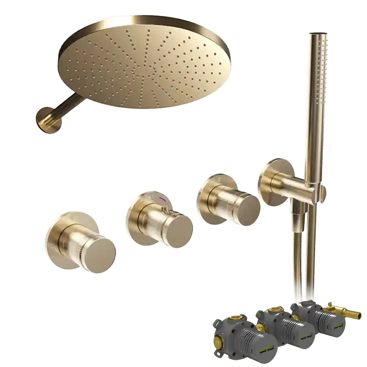 Blaufoss Pavilion robinet thermostatique Colonne de douche de pluie encastré avec douche de tête 30 cm Brushed Champagne Gold