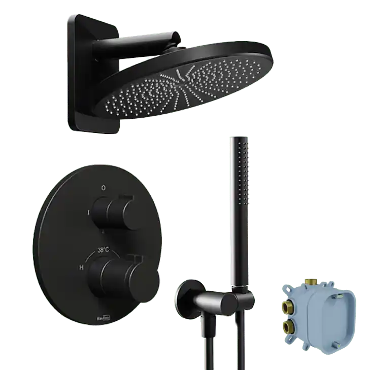 Blaufoss Smartbox Round colonne de douche encastrée robinet thermostatique avec douche de tête ronde 25 cm Noir Mat