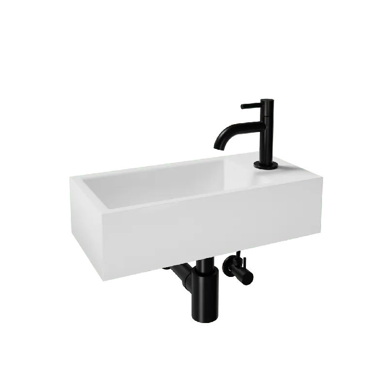 Luca Varess Cubic midi Lave-mains blanc brillant Porcelaine 40x20cm droite avec robinet noir et fournitures