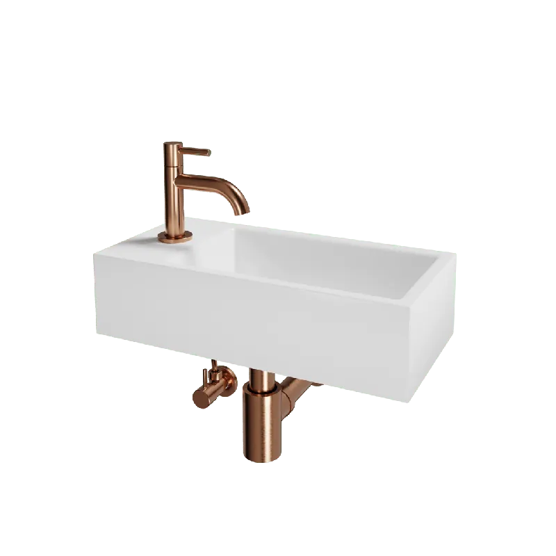 Luca Varess Cubic midi Lave-mains blanc brillant Porcelaine 40x20cm gauche avec Rosegold et fournitures