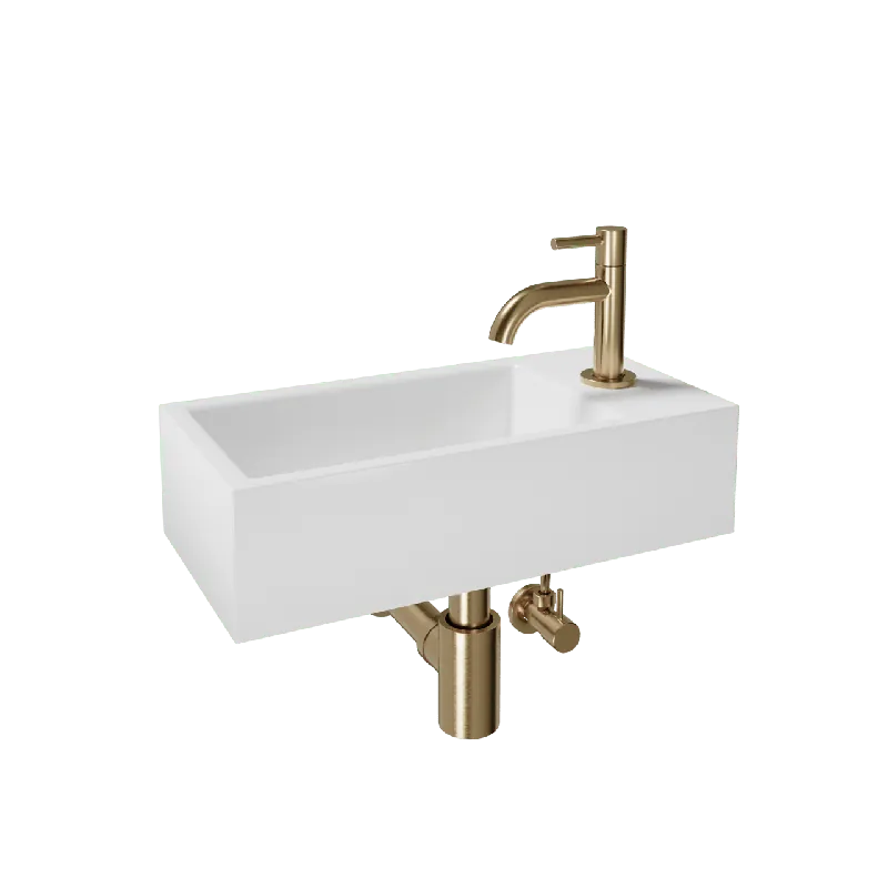 Luca Varess Cubic midi Lave-mains blanc brillant Porcelaine droite 40,5 x 20 cm avec robinet brushed champaign gold et fournitures