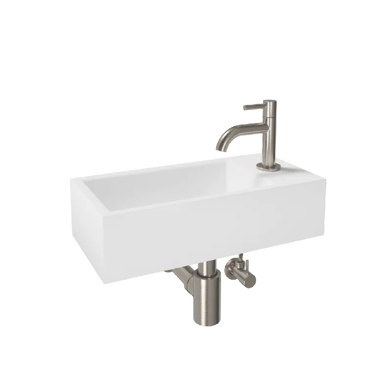 Luca Varess Cubic midi Lave-mains blanc brillant Porcelaine droite 40,5 x 20 cm avec robinet brushed coolmetal et fournitures