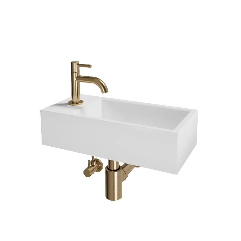 Luca Varess Cubic midi Lave-mains blanc brillant Porcelaine gauche 40,5 x 20 cm avec robinet Rose Gold et fournitures