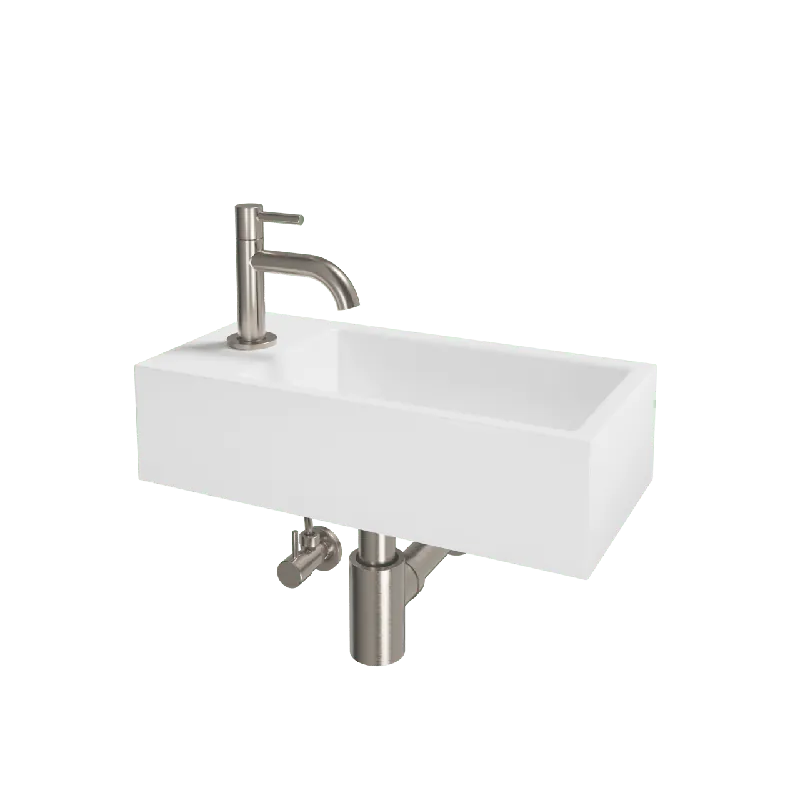 Luca Varess Cubic midi Lave-mains blanc brillant Porcelaine gauche 40,5 x 20 cm avec robinet chrome et fournitures