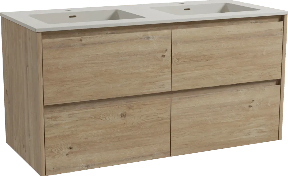 Storke Seda meuble salle de bains suspendu 120 x 52 cm chêne brut avec Diva double vasque en top solid soie grise